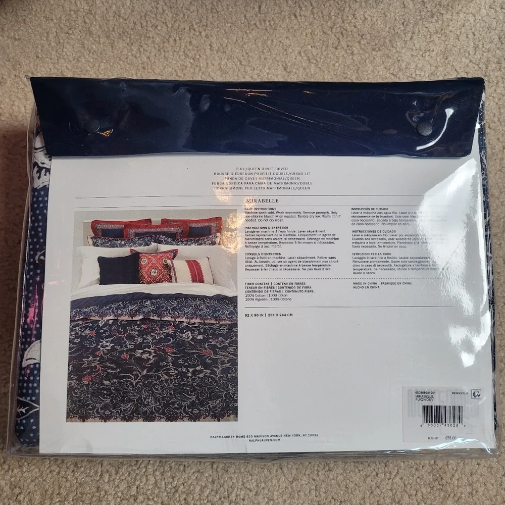 NIP Ralph Lauren Mirabelle Indigo Blue Full/Queen Duvet Cover 100% Cotton